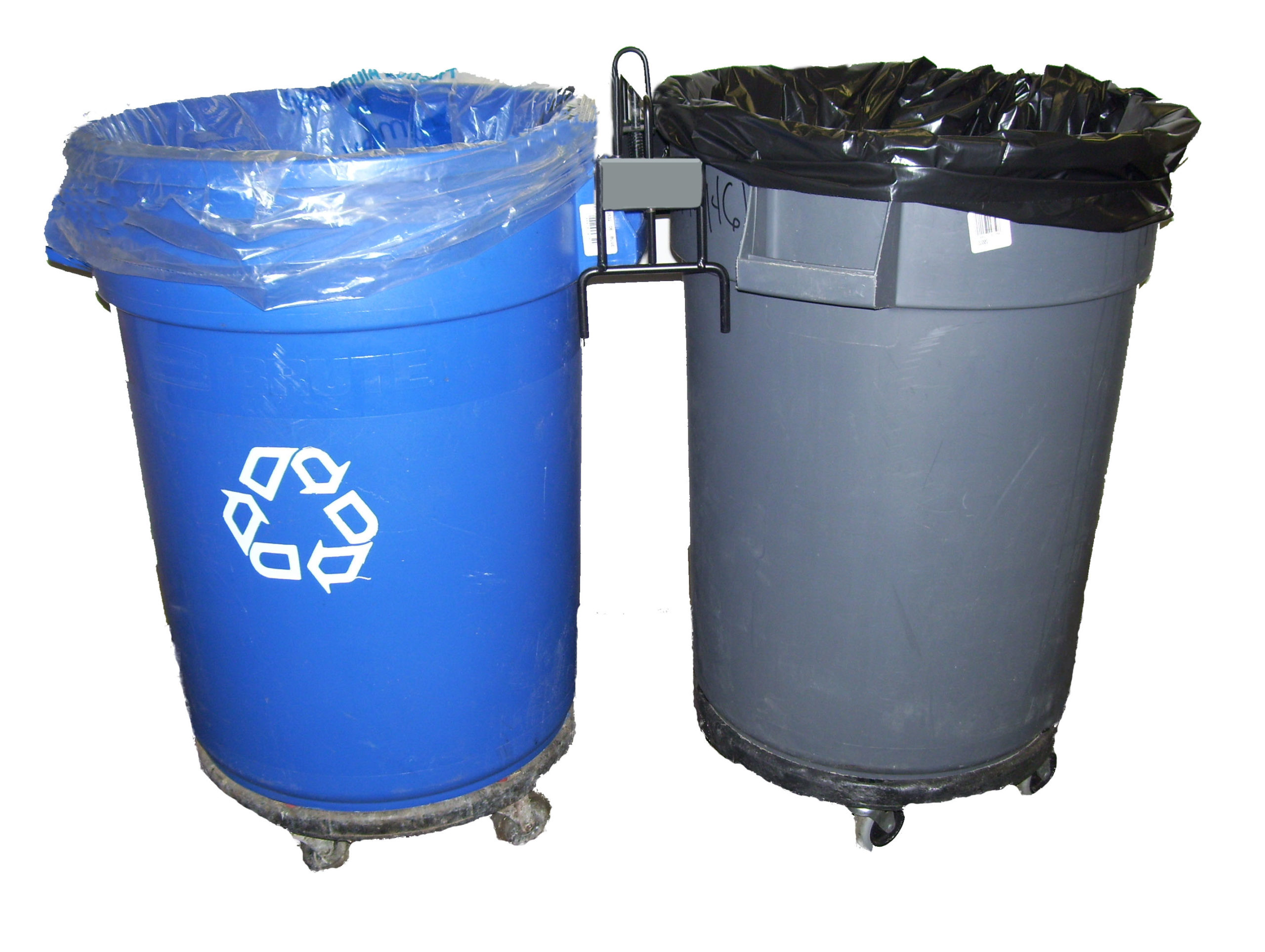 Round blue recycling bin and grey round waste bin