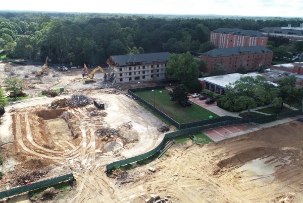 Aerial view of demolished Hill Residence Halls