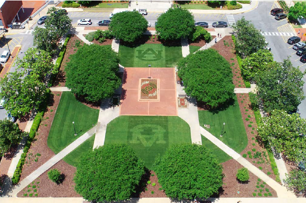 aerial view of Ross Square with interlocking AU mowed into sod