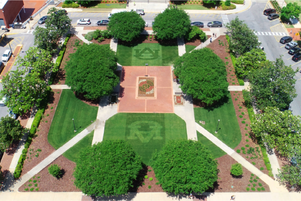 aerial view of Ross Square with the interlocking Auburn University logo