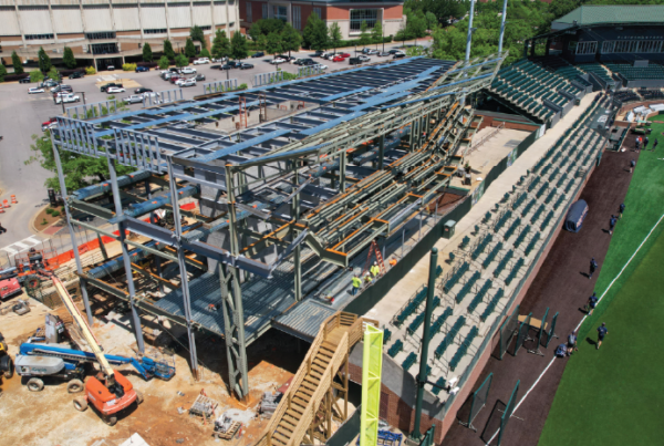 Front page of construction update. A photo of the construction at Plainsman Park.