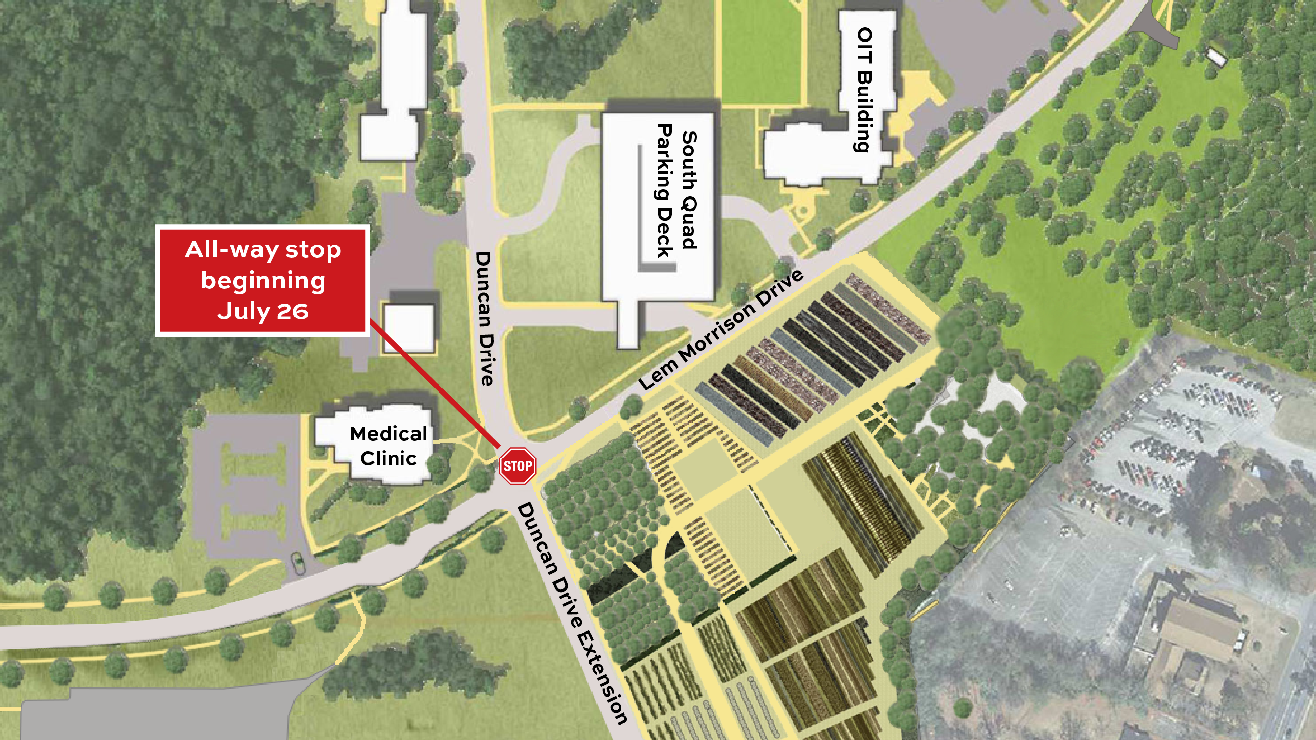 Map displaying a 4 way stop being added to Duncan and Lem Morrison.