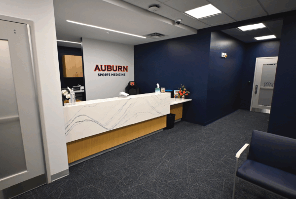 Athletics Complex Renovation for Sports Medicine. A view of the new Sports Medicine physical therapy space located inside the Athletics Complex.