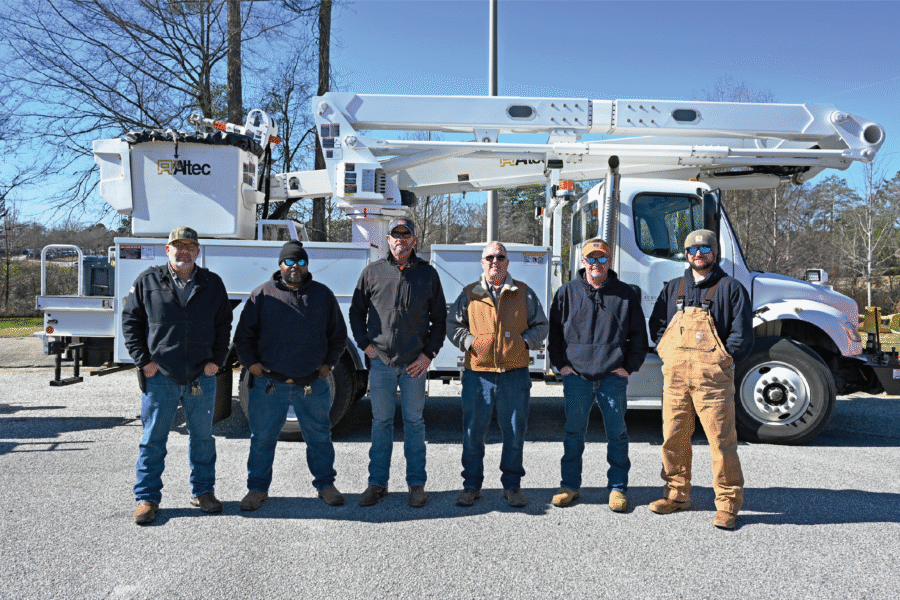 Auburn’s electrical distribution team keeps campus powered day and night. From left: Jonathan “Scott” Morgan, John Askew, James “Ruffin” Duncan, Keith Nall, Steven Neighbors and Wesley Burt.