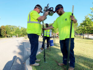 Installing posts to protect landscaping.