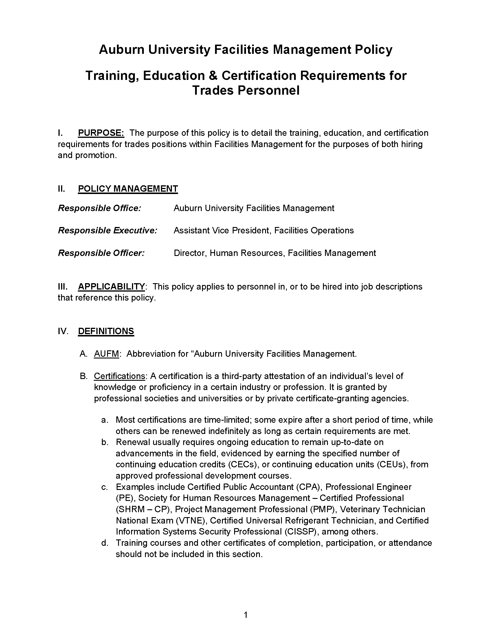 Training Policy Front Page